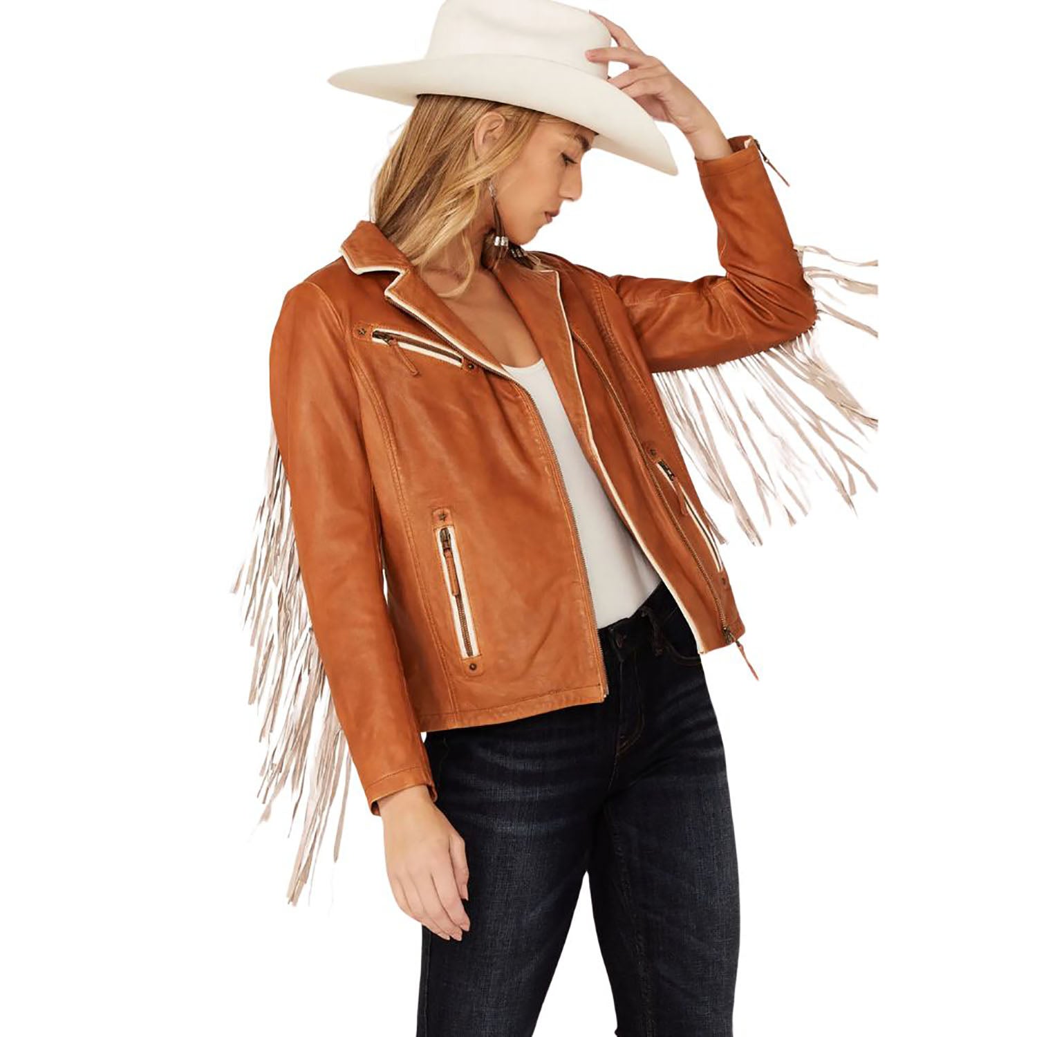 Women's Brown Western Leather Jacket with White Fringe Work front view