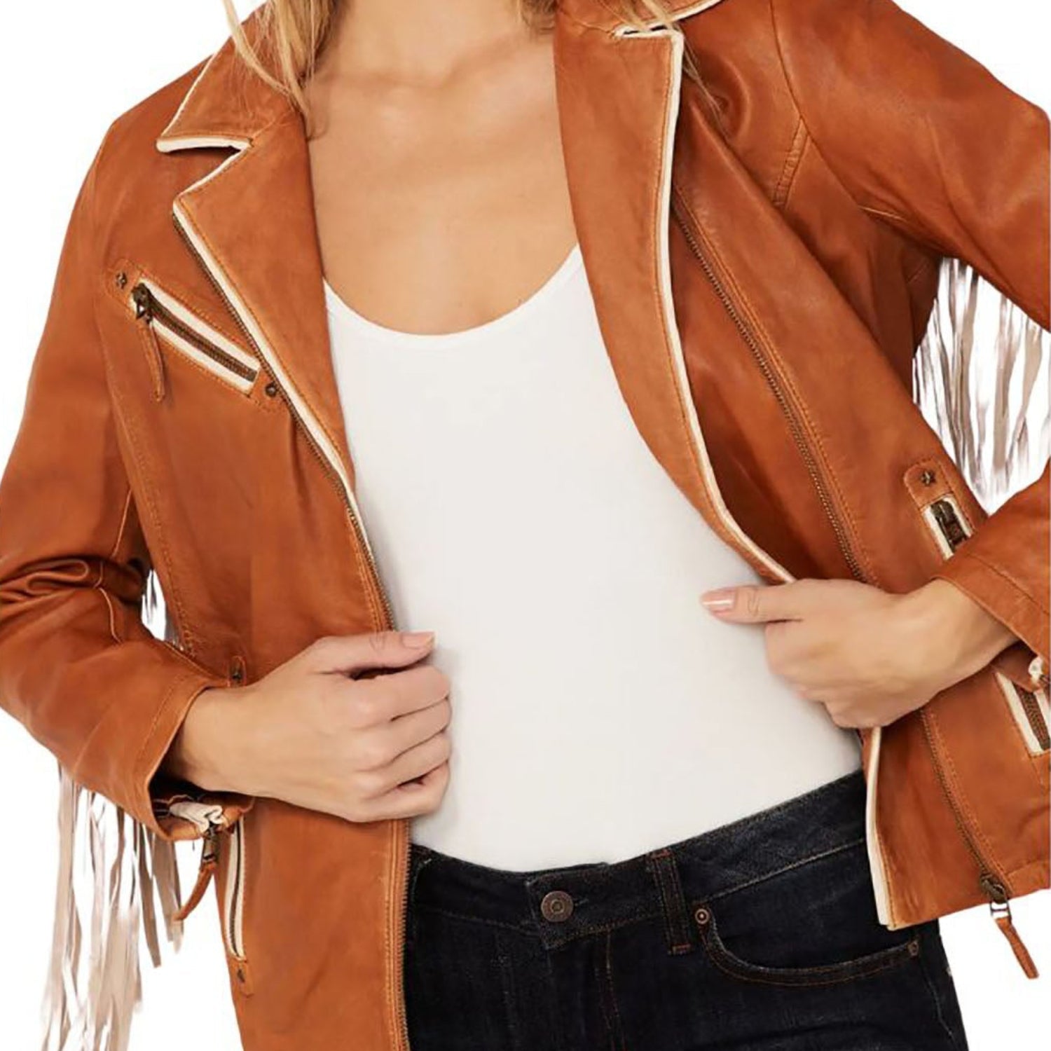 Women's Brown Western Leather Jacket with White Fringe Work side view