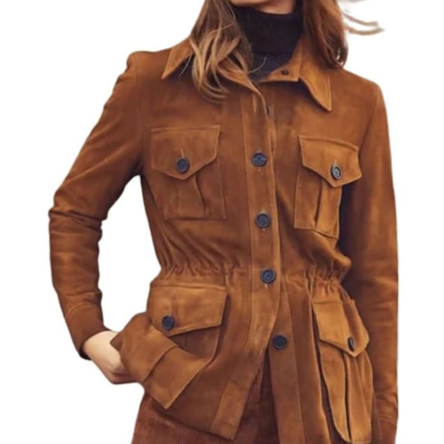Women's Brown Western Suede Leather Jacket with Four Pockets back view