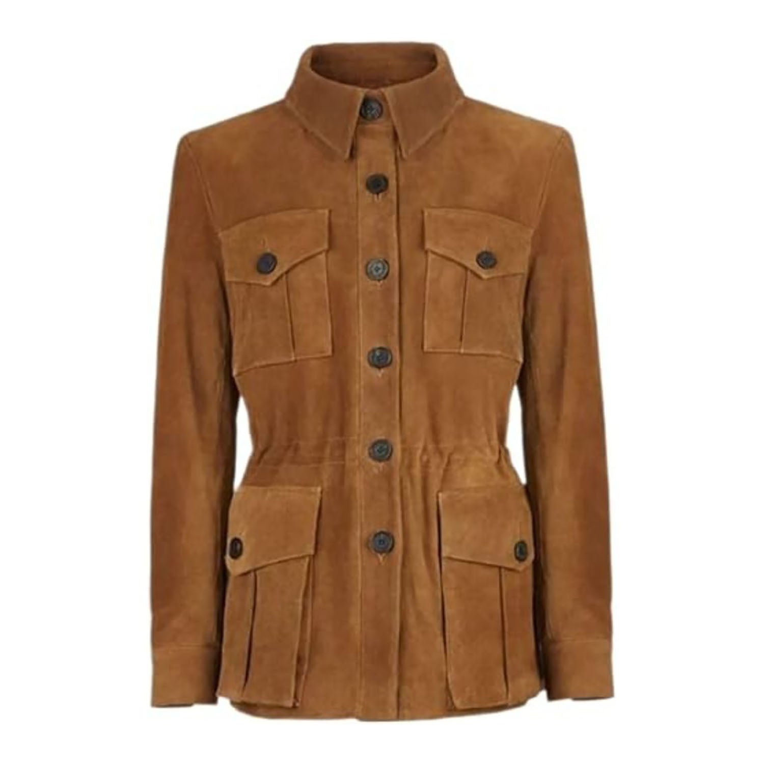 Women's Brown Western Suede Leather Jacket with Four Pockets front view