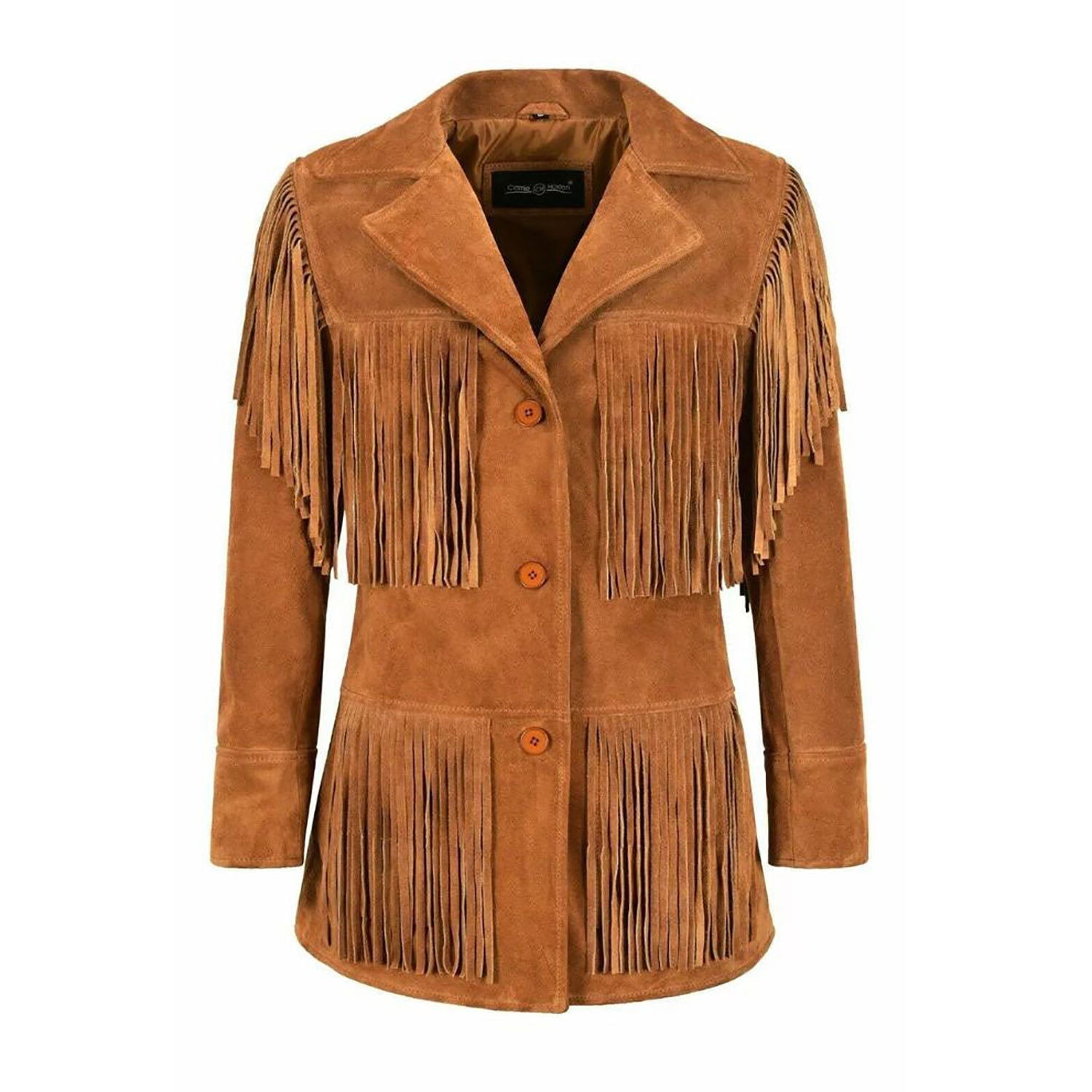 Women's Brown Suede Western Leather Jacket With Fringe Work front view