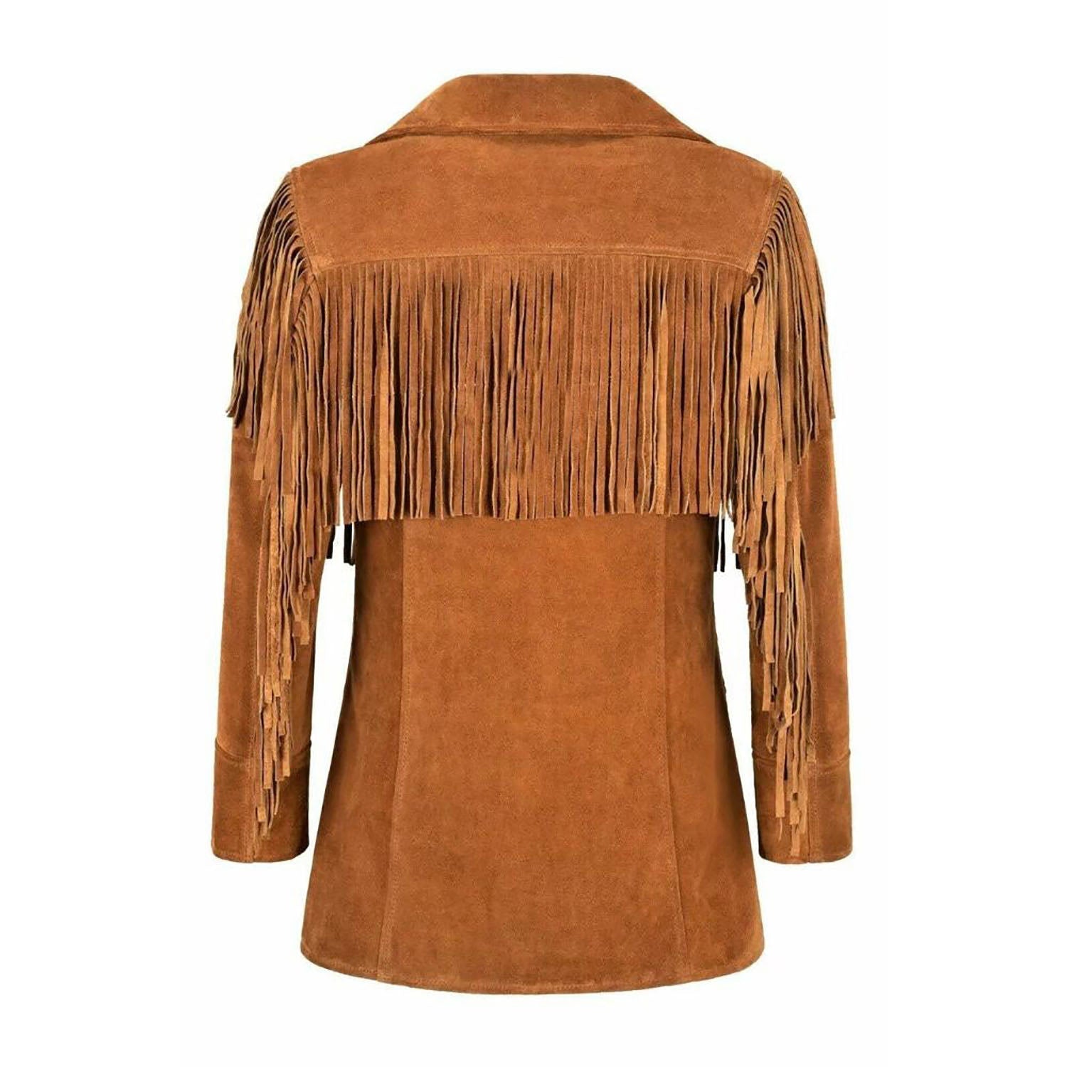 Women's Brown Suede Western Leather Jacket With Fringe Work side view