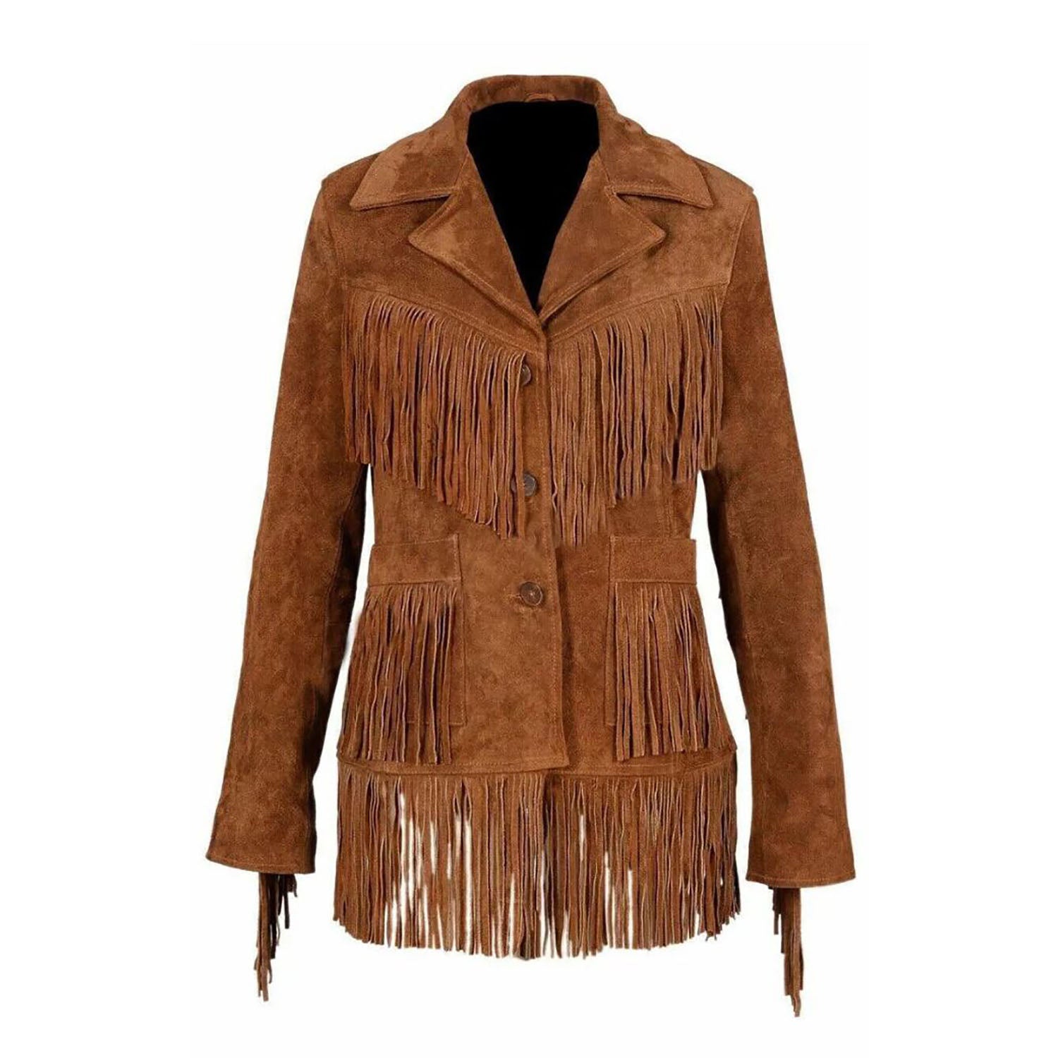 Women's Brown Western Suede Leather Jacket with Fringe Work side view