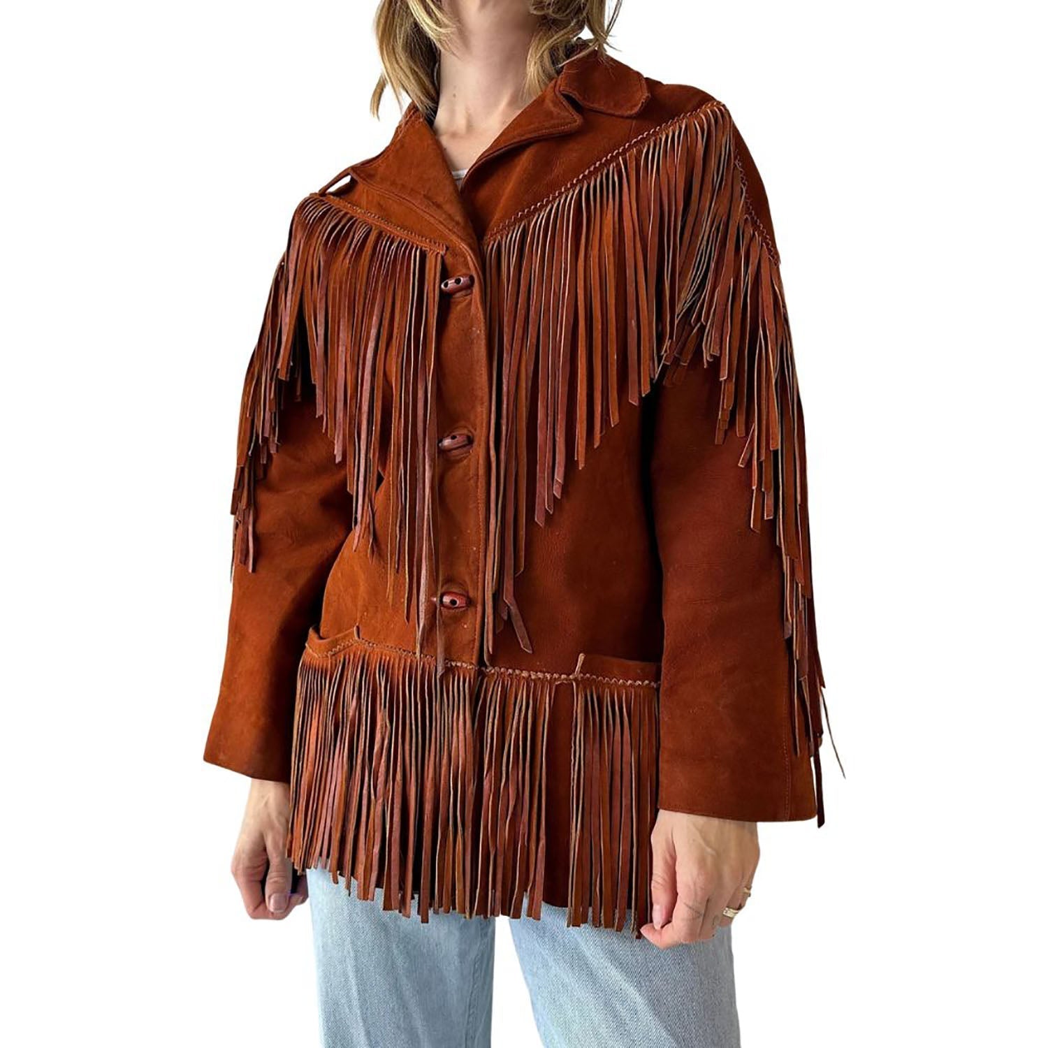Women's Brown Western Suede Leather Jacket with Fringe Work front view