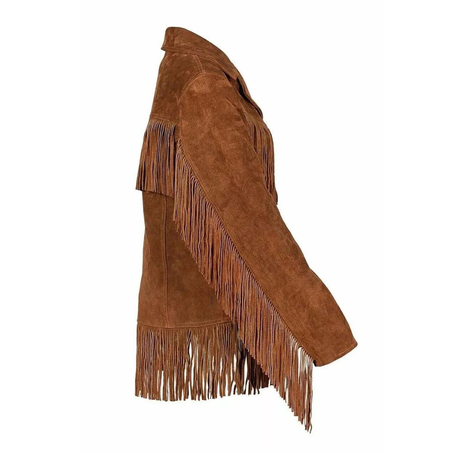 Women's Brown Western Suede Leather Jacket with Fringe Work back view