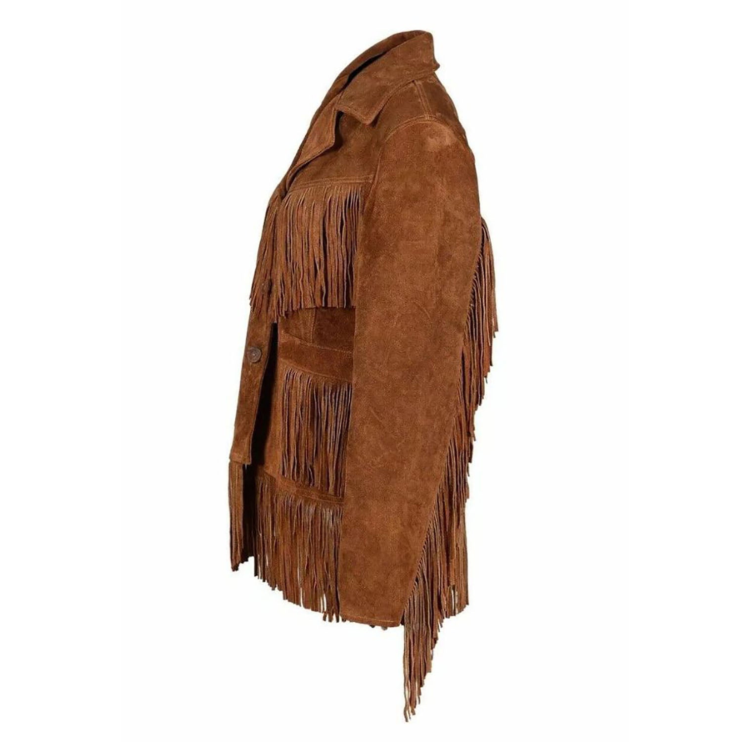 Women's Brown Western Suede Leather Jacket with Fringe Work close-up detail