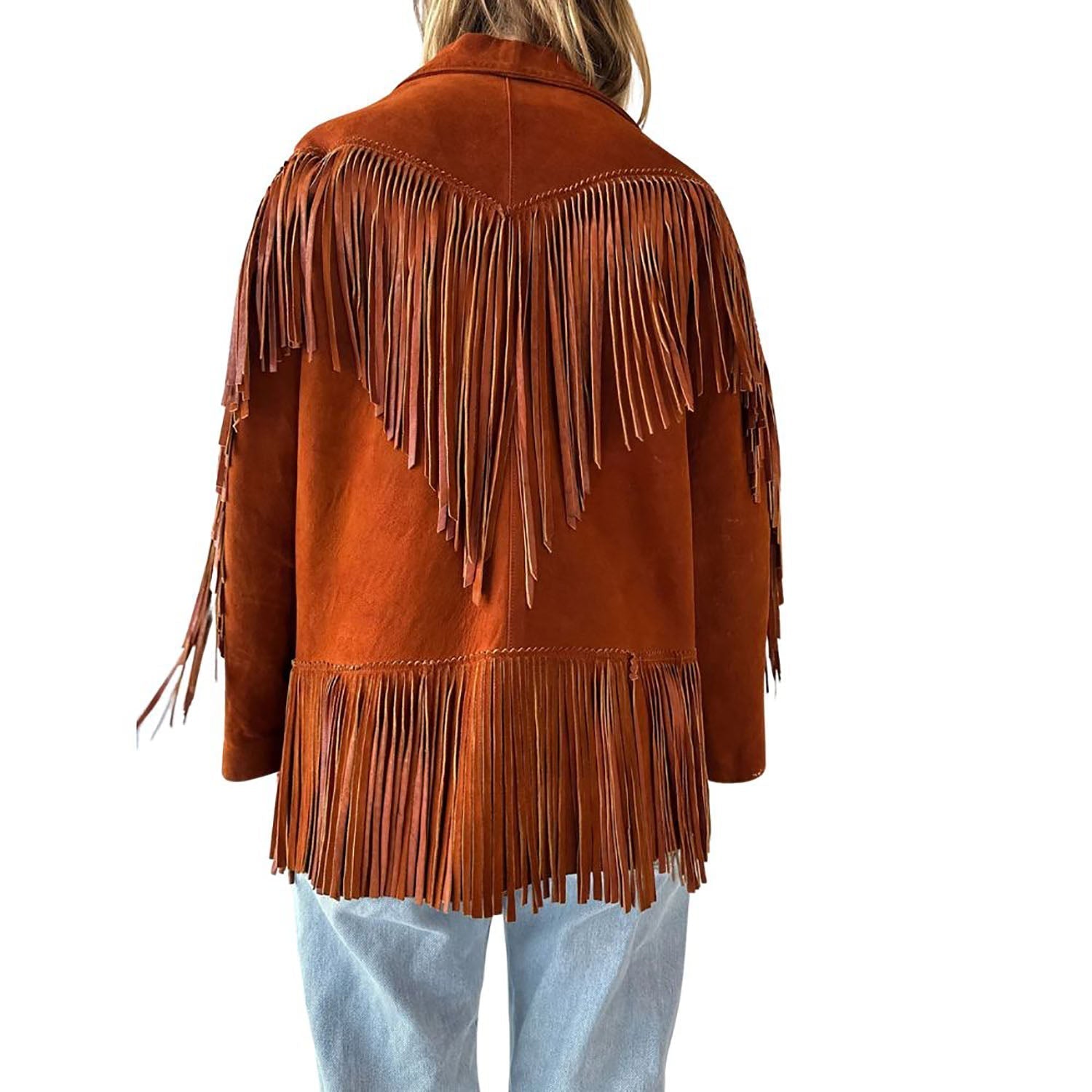 Women's Brown Western Suede Leather Jacket with Fringe Work full view
