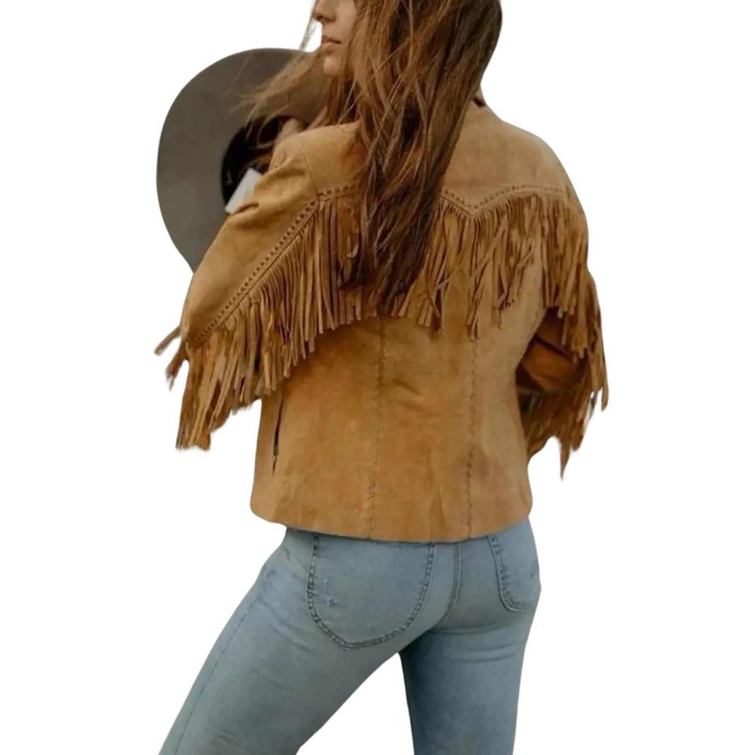 Women's Brown Western Suede Leather Jacket with Fringe and Beaded Work side view