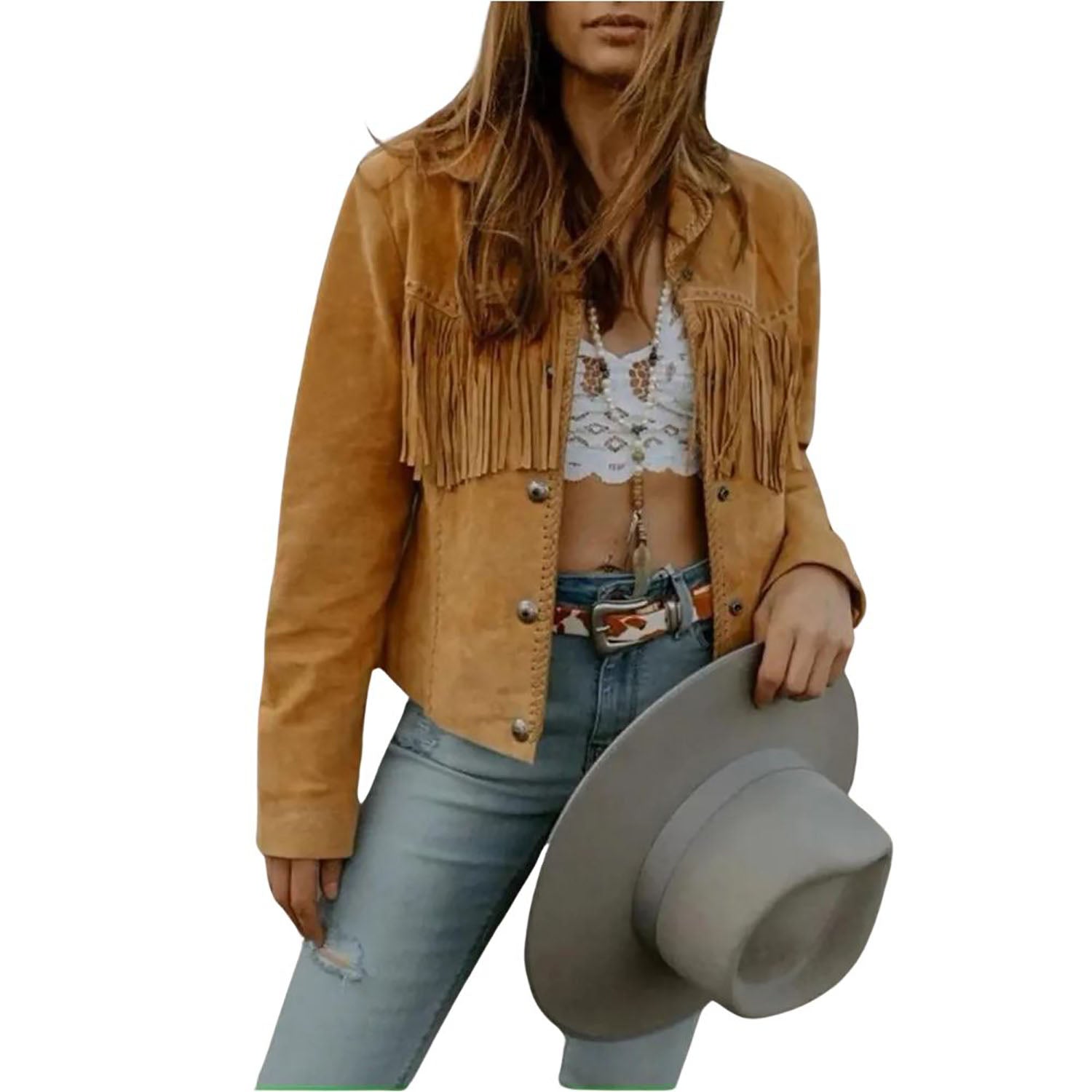 Women's Brown Western Suede Leather Jacket with Fringe and Beaded Work front view