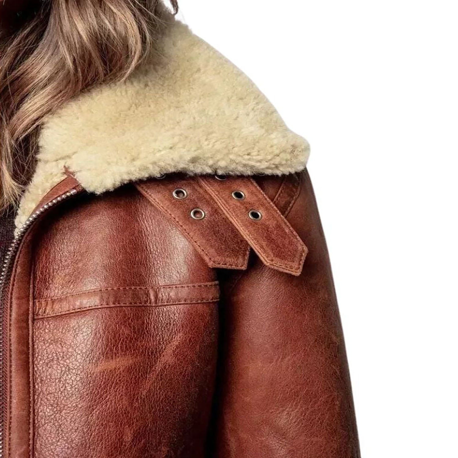Women's Brownish Bomber Aviator Cowhide Leather Jacket with Fur Overcoat back view