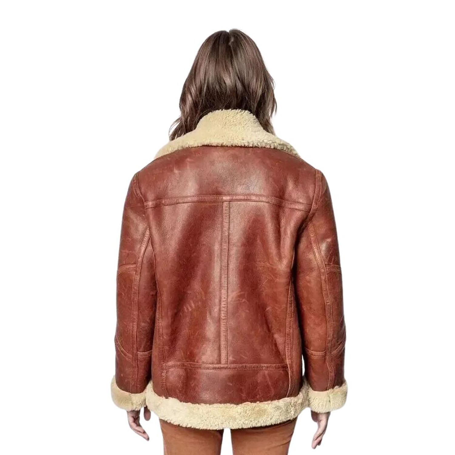 Women's Brownish Bomber Aviator Cowhide Leather Jacket with Fur Overcoat side view