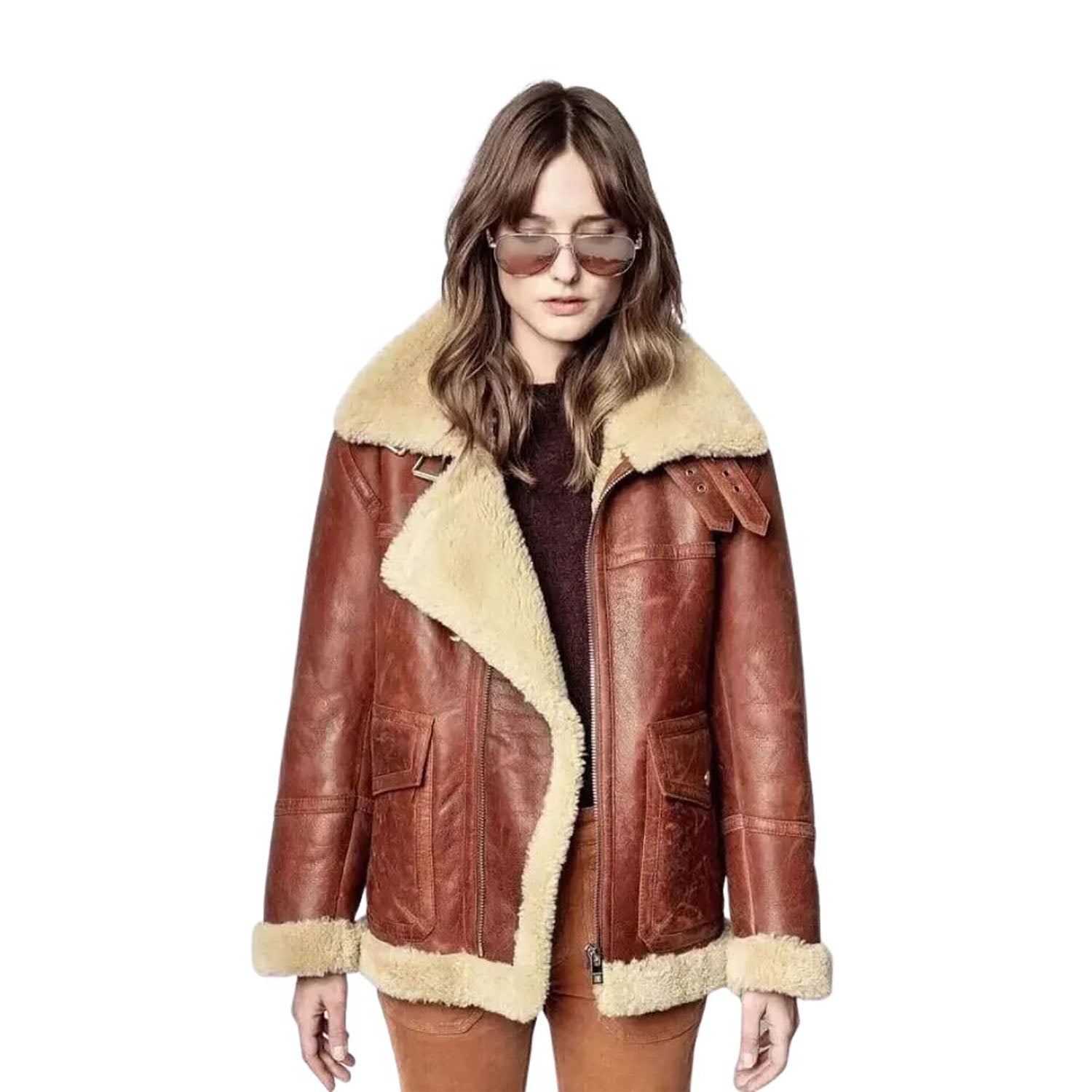 Women's Brownish Bomber Aviator Cowhide Leather Jacket with Fur Overcoat front view