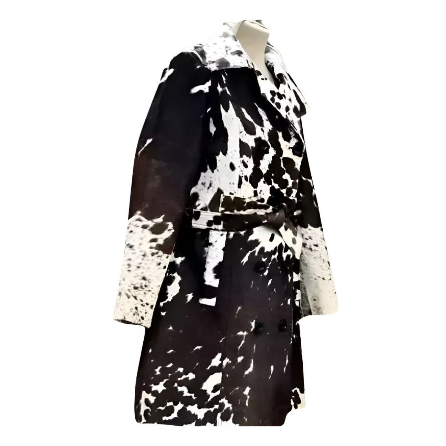 Women’s Cowhide Western Long Coat – Hair on Hide Trench Belted Outerwear side view