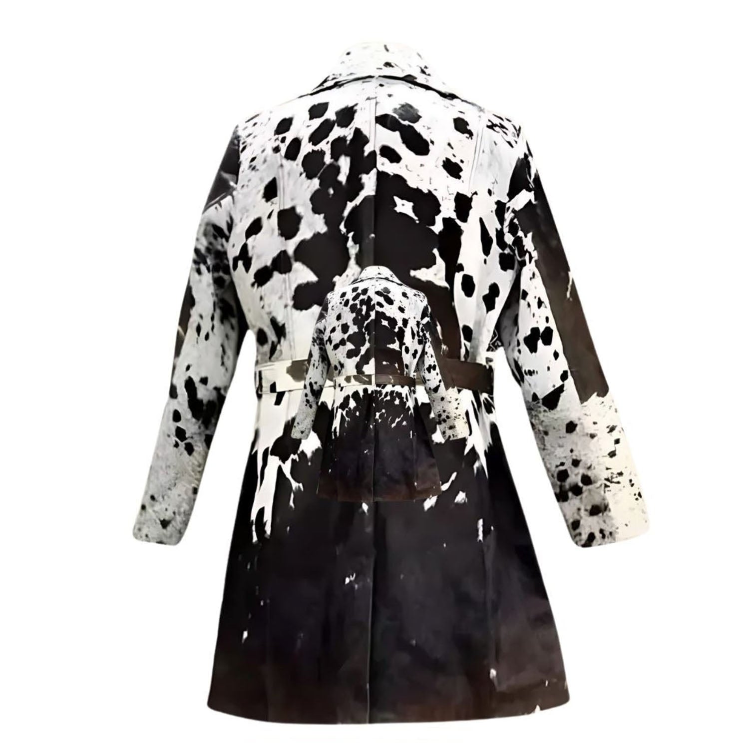 Women’s Cowhide Western Long Coat – Hair on Hide Trench Belted Outerwear close-up detail