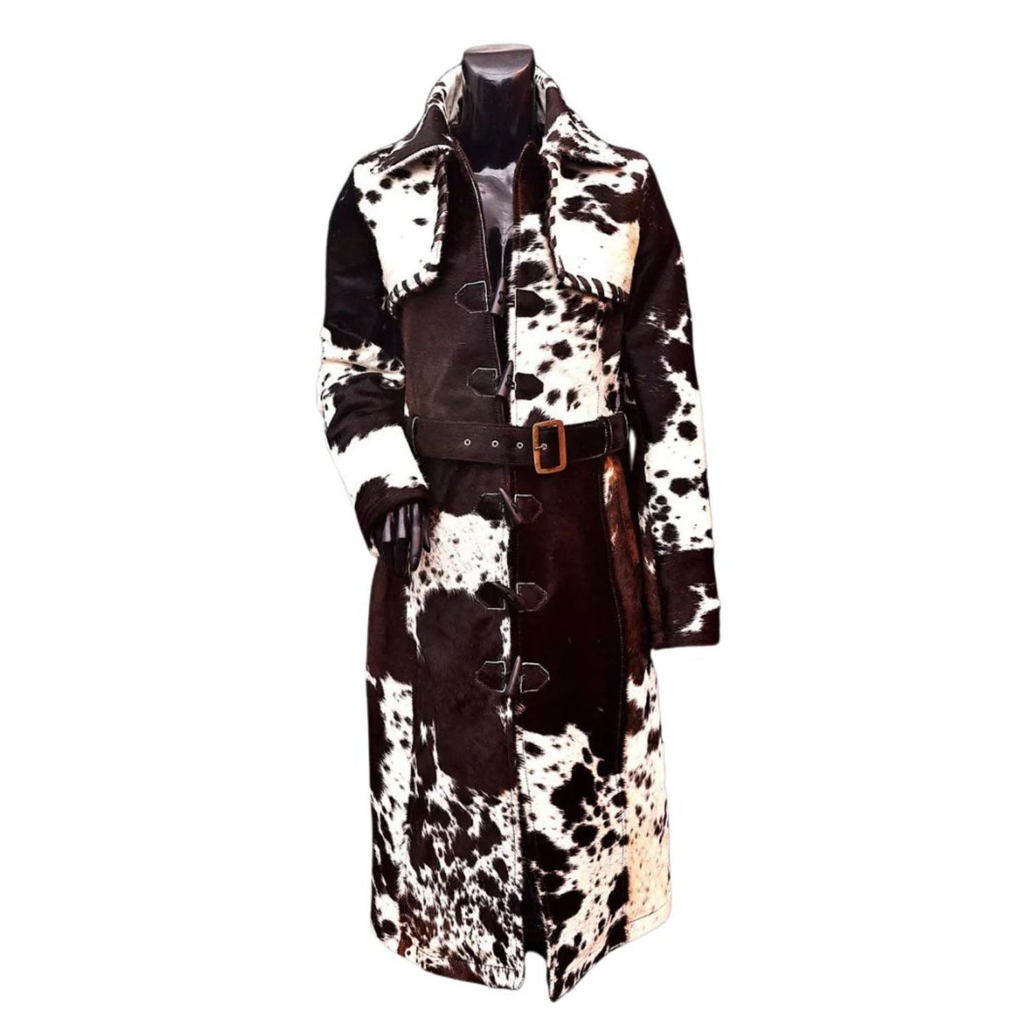 Women’s Cowhide Western Long Trench Coat – Real Hair on Leather Outerwear front view