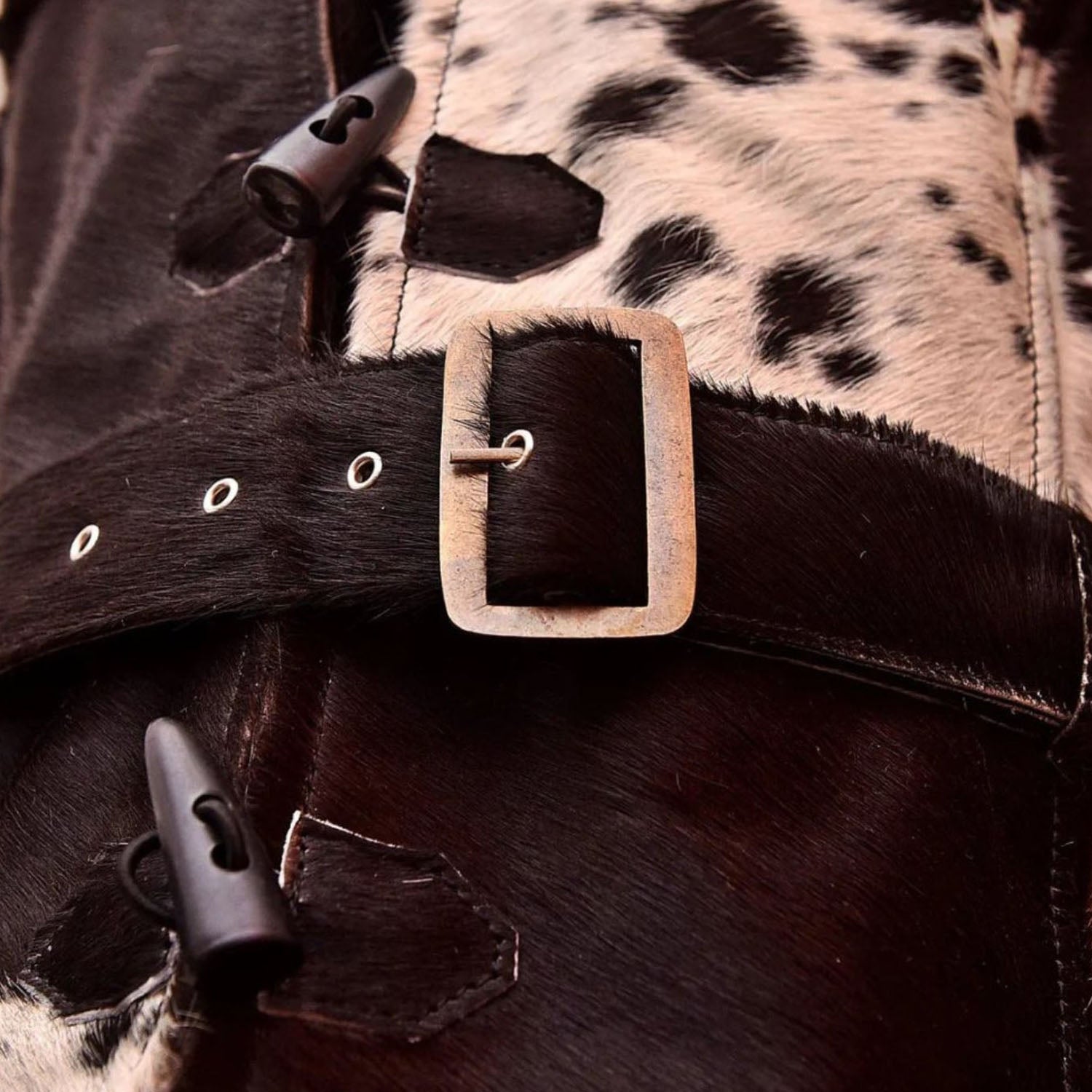 Women’s Cowhide Western Long Trench Coat – Real Hair on Leather Outerwear close-up detail