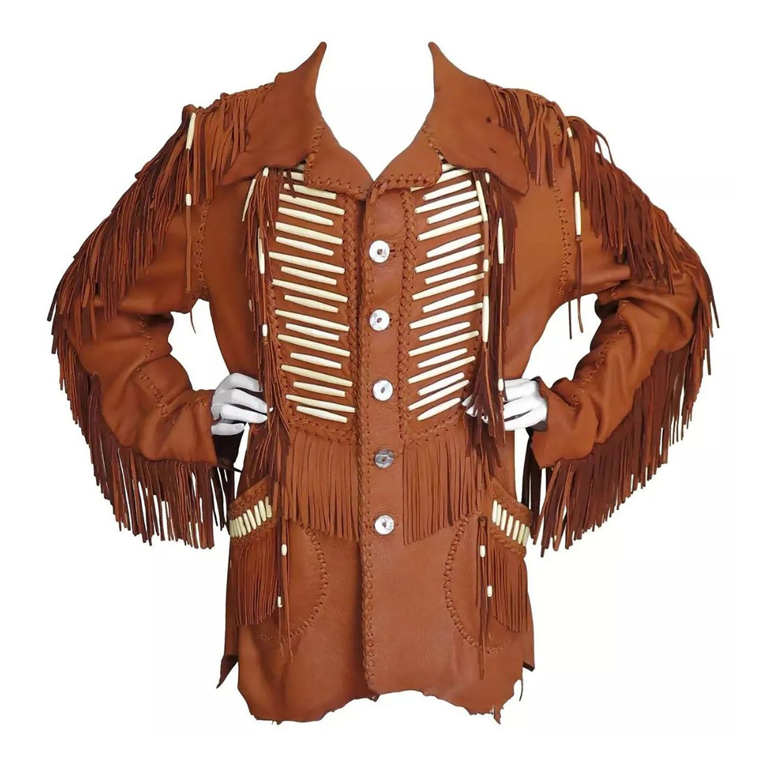 Women's Dark Brown Cowhide Leather Fringe Jacket with Bone Work front view