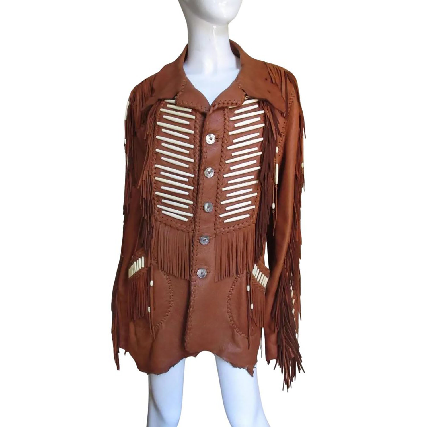 Women's Dark Brown Cowhide Leather Fringe Jacket with Bone Work side view
