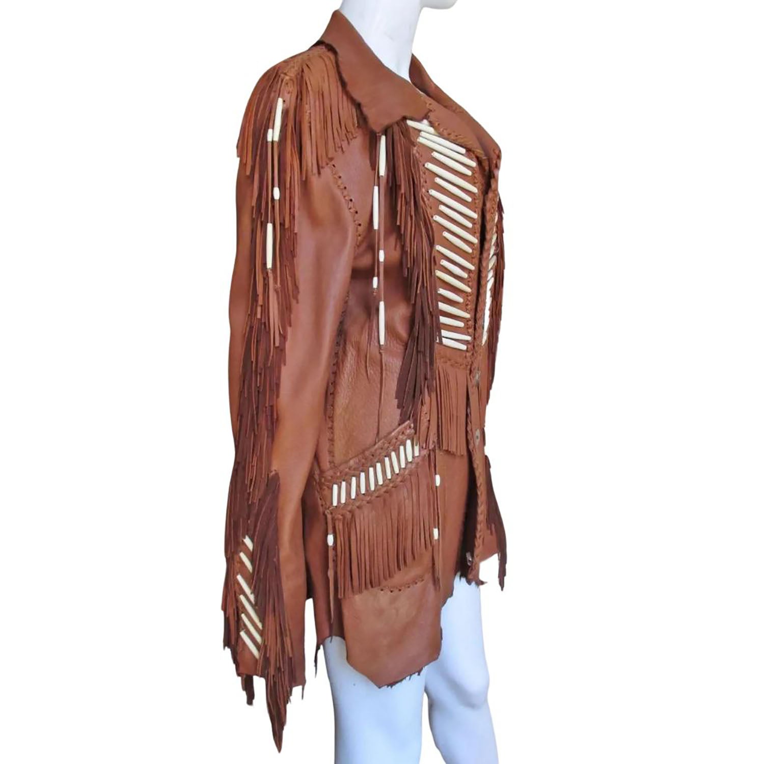 Women's Dark Brown Cowhide Leather Fringe Jacket with Bone Work back view