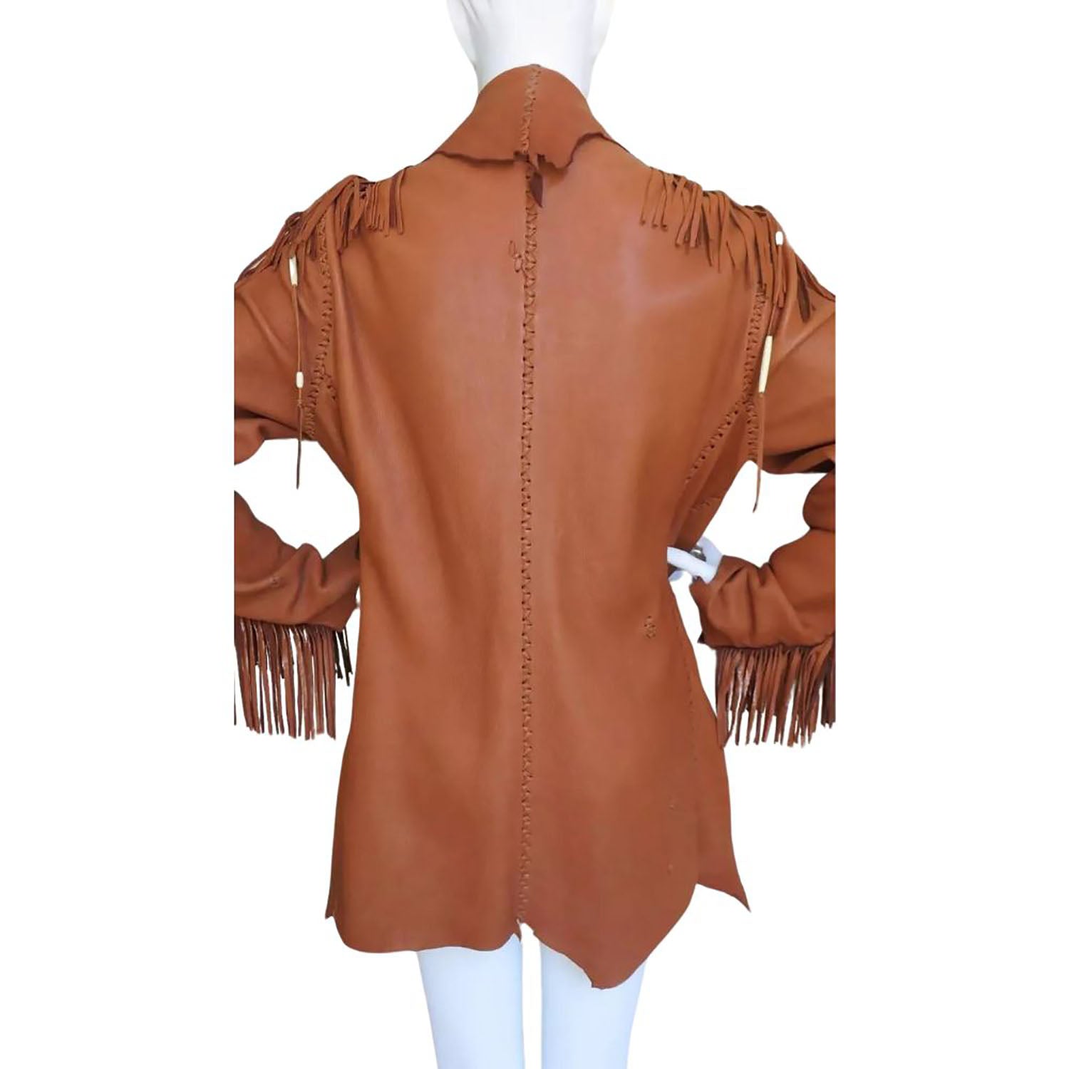 Women's Dark Brown Cowhide Leather Fringe Jacket with Bone Work close-up detail