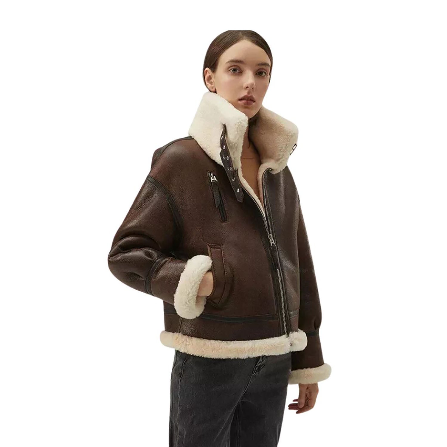 Women's Dark Brown RAF B Aviator Bomber Cowhide Leather Jacket with Fur side view