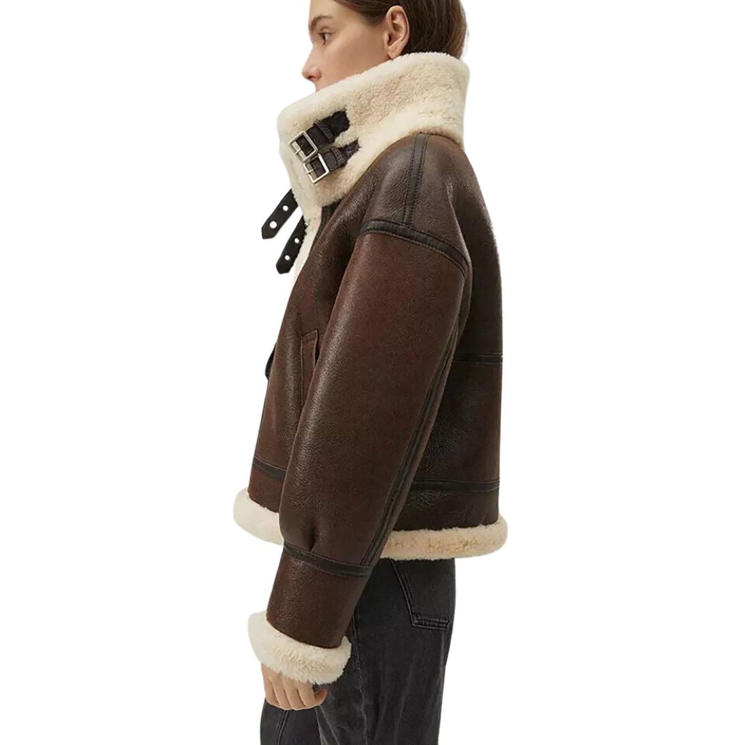 Women's Dark Brown RAF B Aviator Bomber Cowhide Leather Jacket with Fur back view