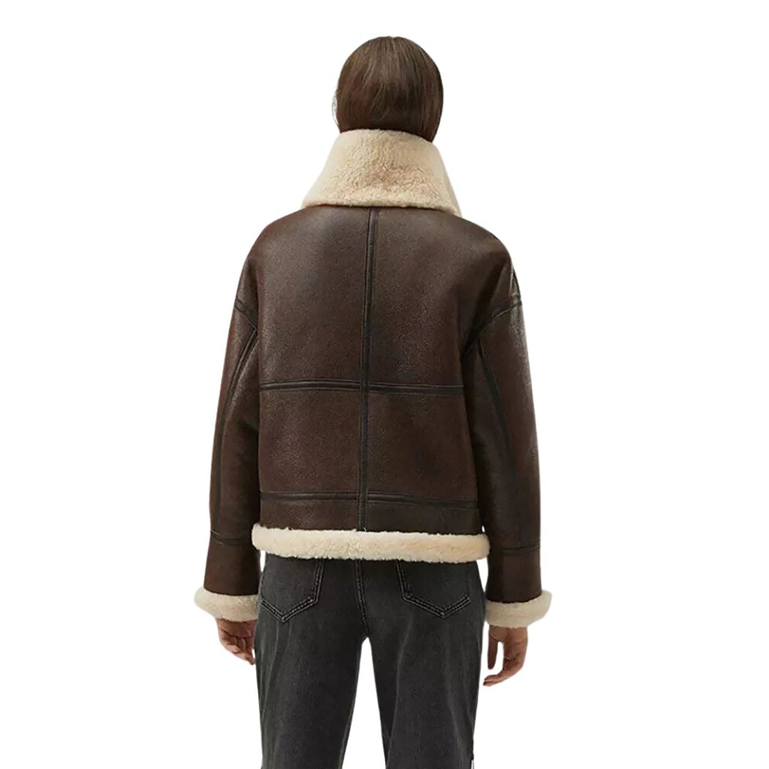 Women's Dark Brown RAF B Aviator Bomber Cowhide Leather Jacket with Fur close-up detail