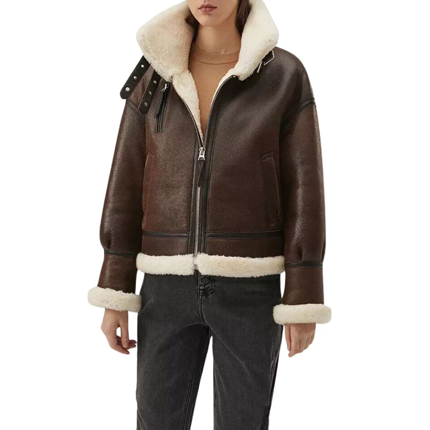 Women's Dark Brown RAF B Aviator Bomber Cowhide Leather Jacket with Fur front view