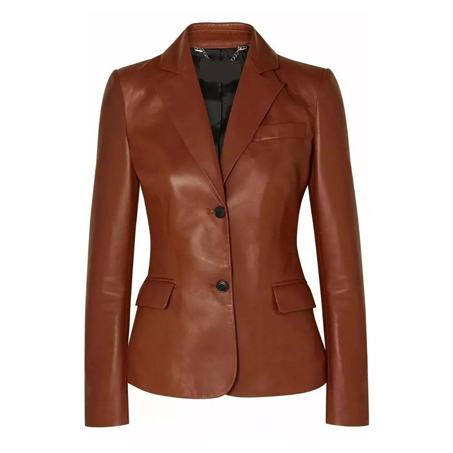 Women's Dark Brown Western Leather Blazer Jacket with Three Pockets front view