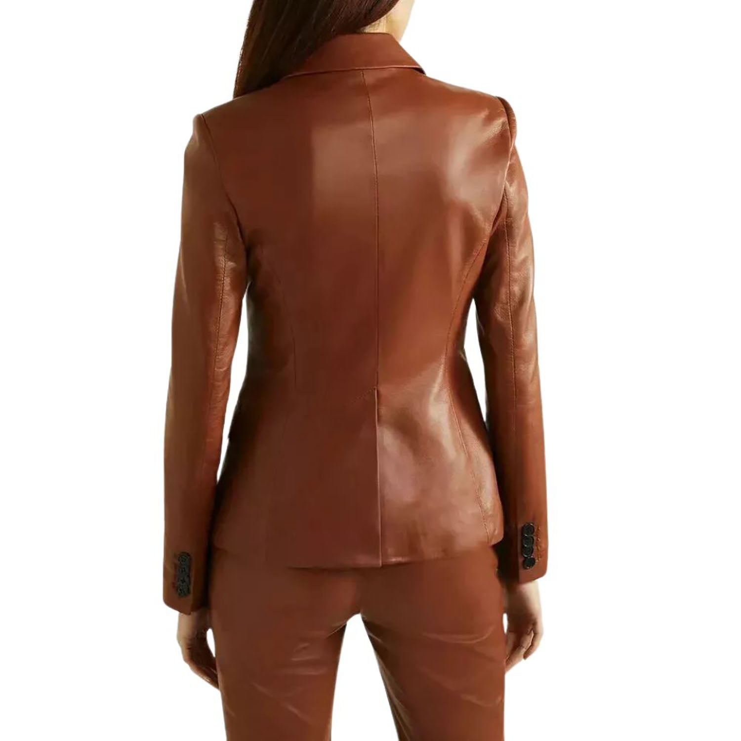Women's Dark Brown Western Leather Blazer Jacket with Three Pockets close-up detail