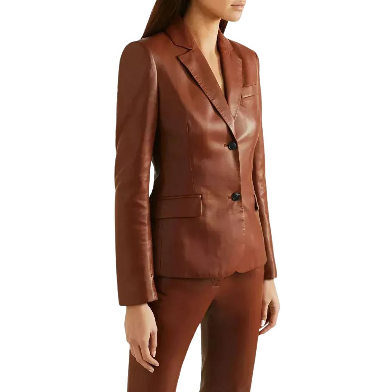 Women's Dark Brown Western Leather Blazer Jacket with Three Pockets side view
