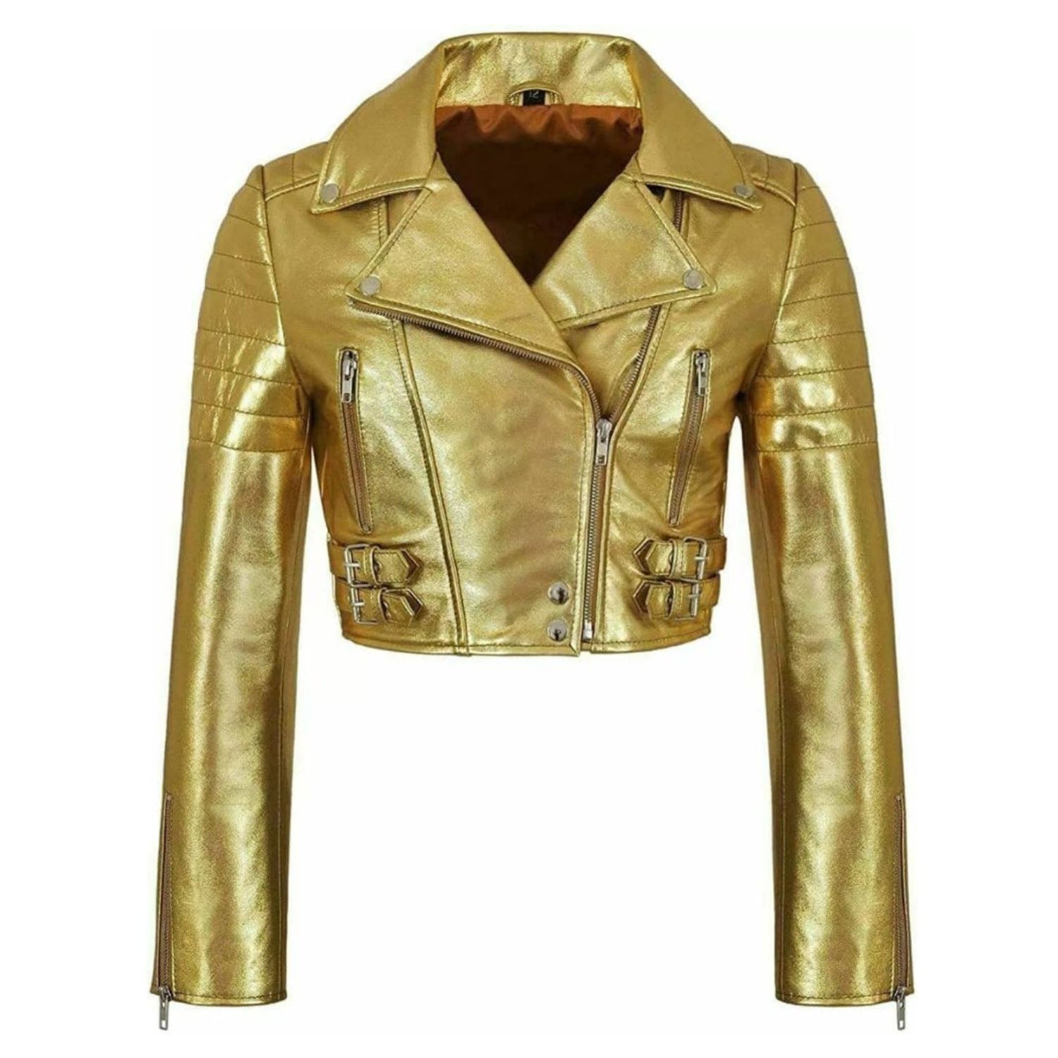 Women’s Golden Short Body Cropped Motorcycle Foiled Leather Biker Jacket front view