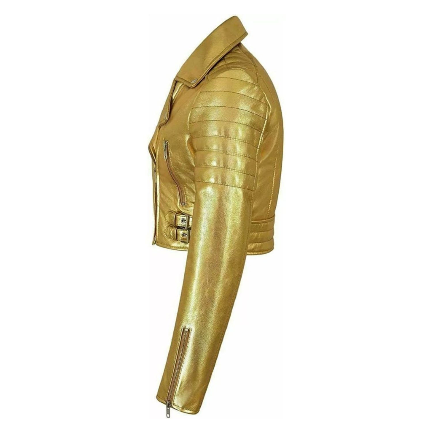 Women’s Golden Short Body Cropped Motorcycle Foiled Leather Biker Jacket side view
