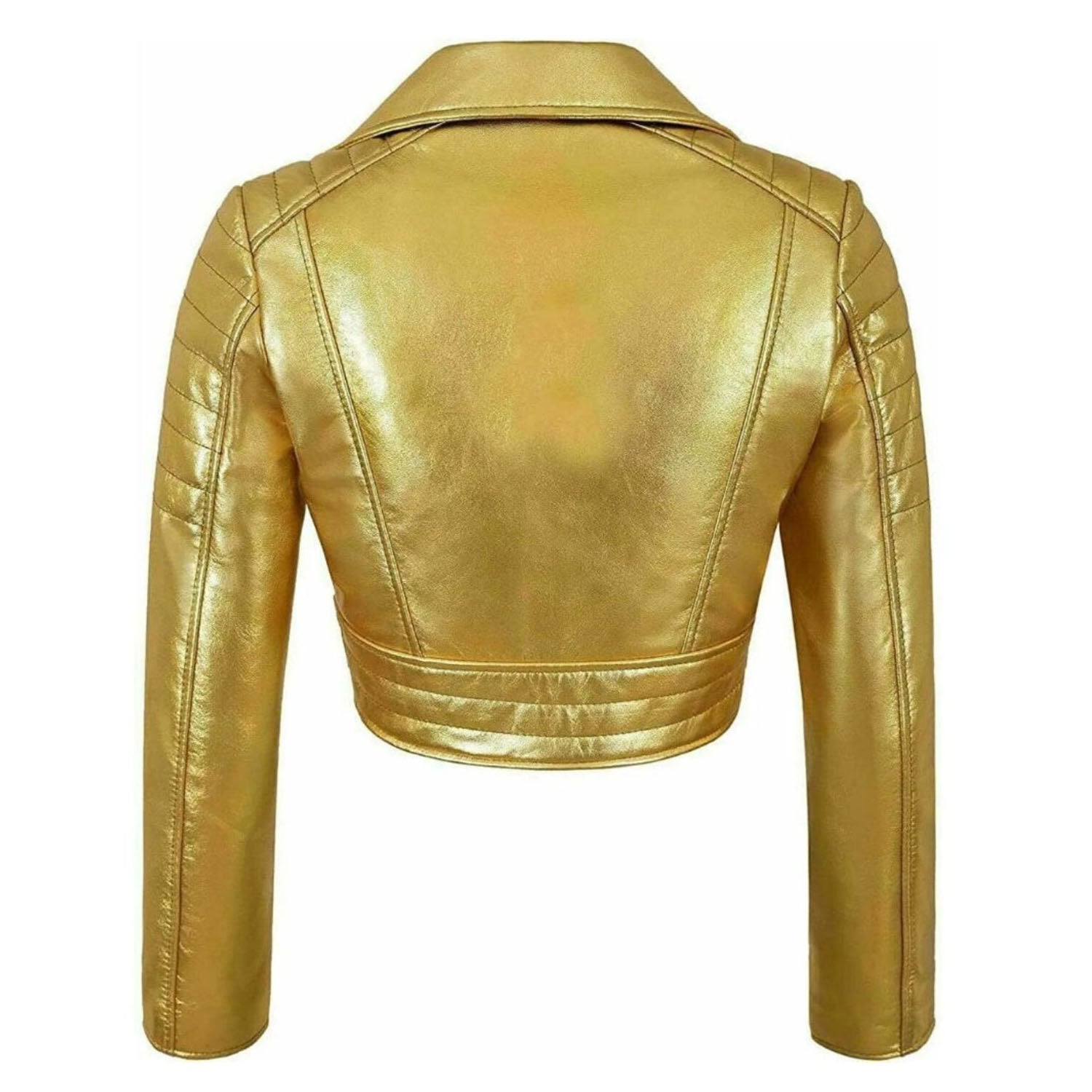 Women’s Golden Short Body Cropped Motorcycle Foiled Leather Biker Jacket back view