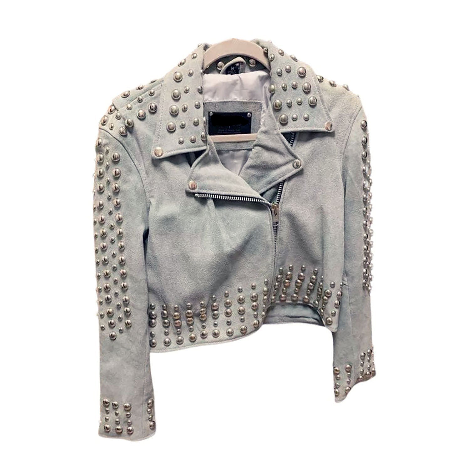 Women's Gray Western Suede Leather Jacket with Fringe and Studded Work front view