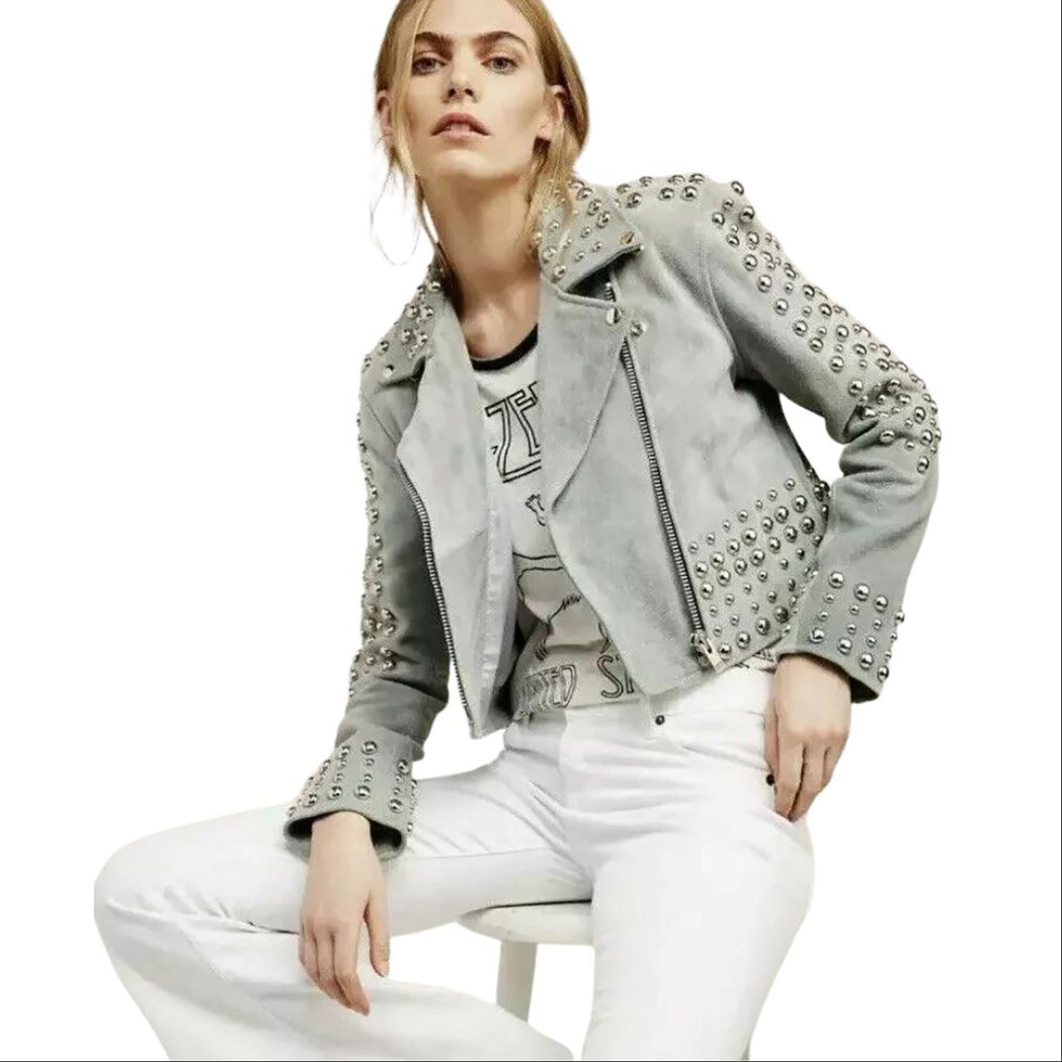 Women's Gray Western Suede Leather Jacket with Fringe and Studded Work side view