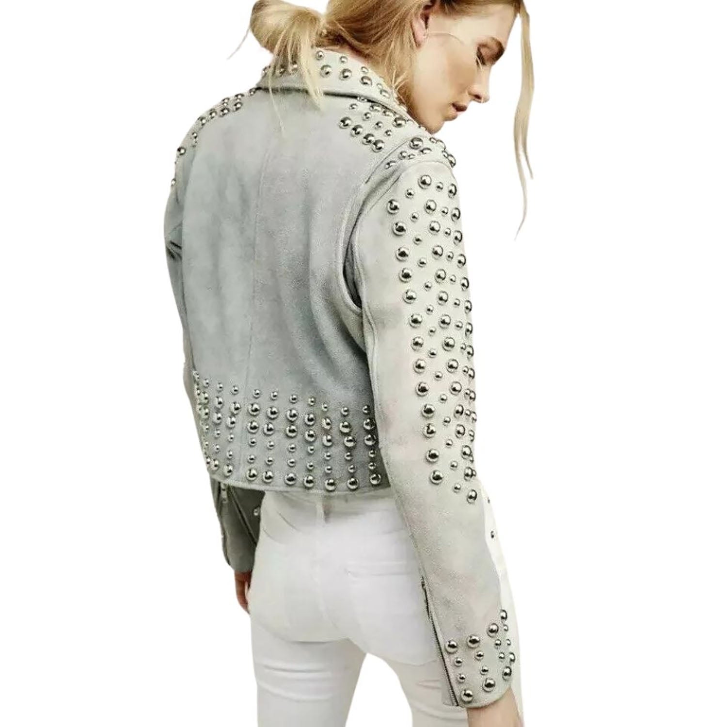 Women's Gray Western Suede Leather Jacket with Fringe and Studded Work back view