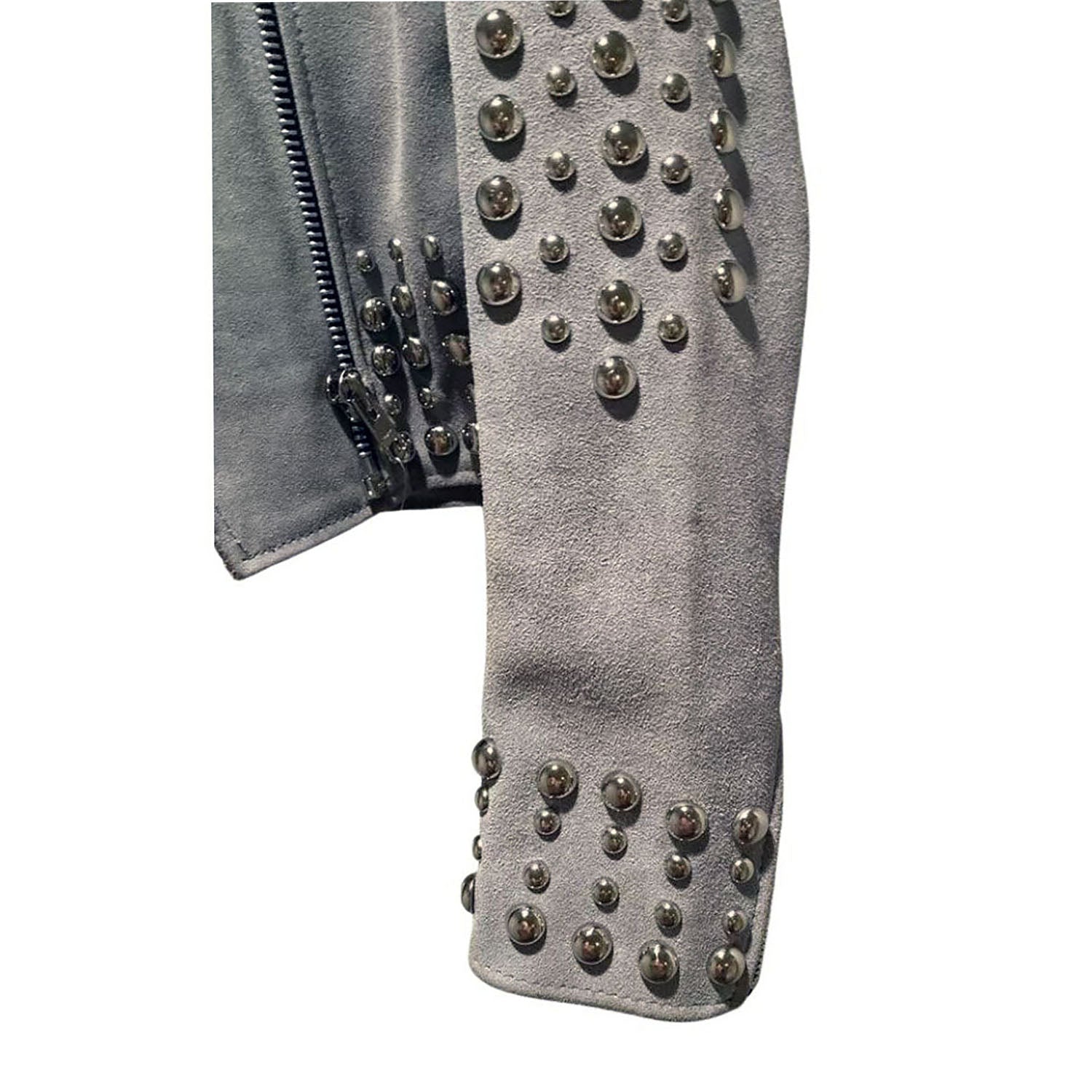 Women's Gray Western Suede Leather Jacket with Fringe and Studded Work close-up detail