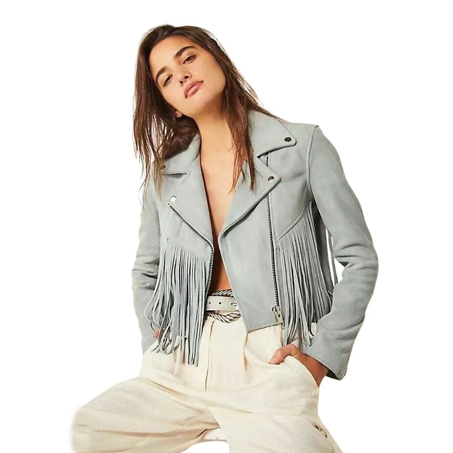 Women's Gray Western Suede Leather Jacket with Fringe Work front view