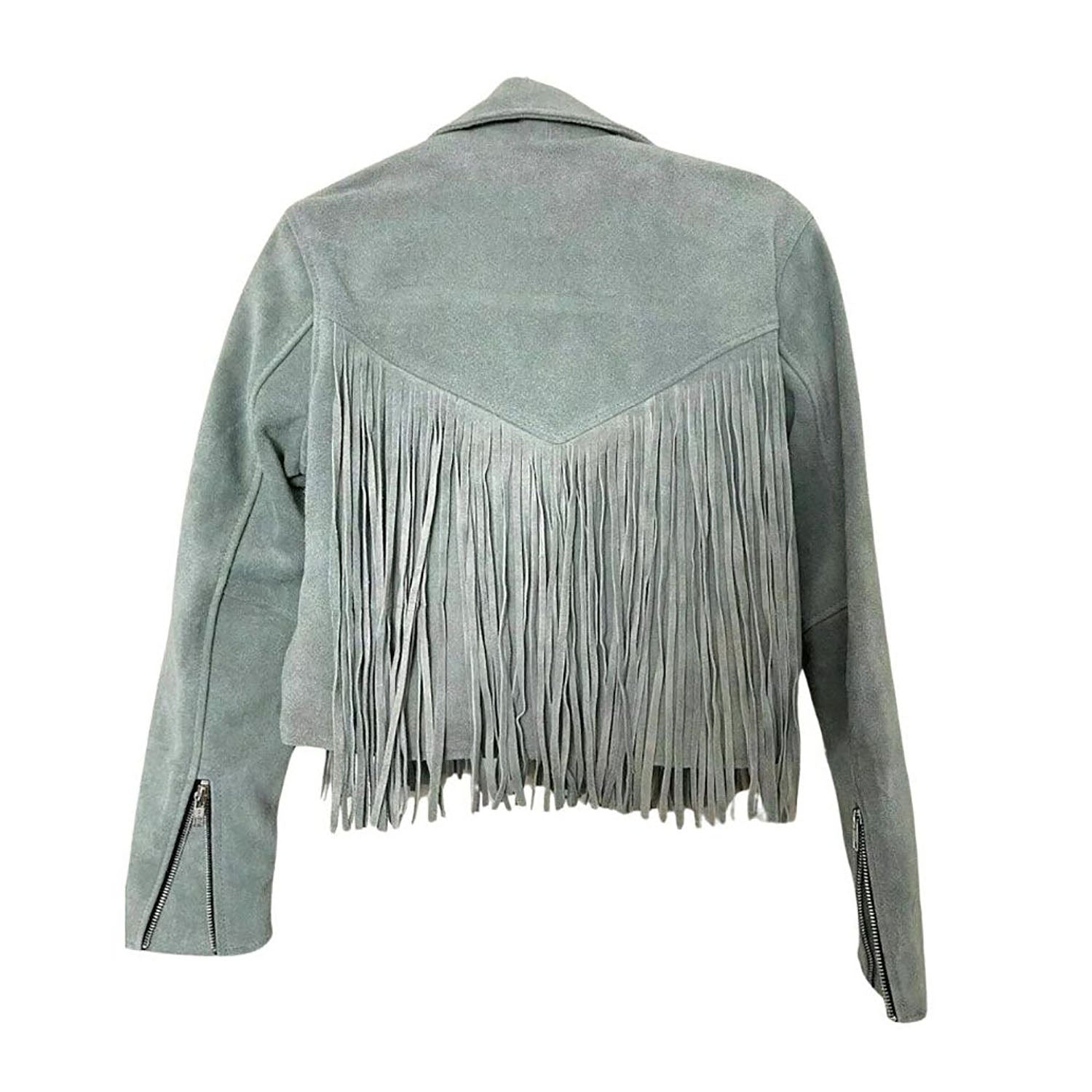 Women's Gray Western Suede Leather Jacket with Fringe Work side view