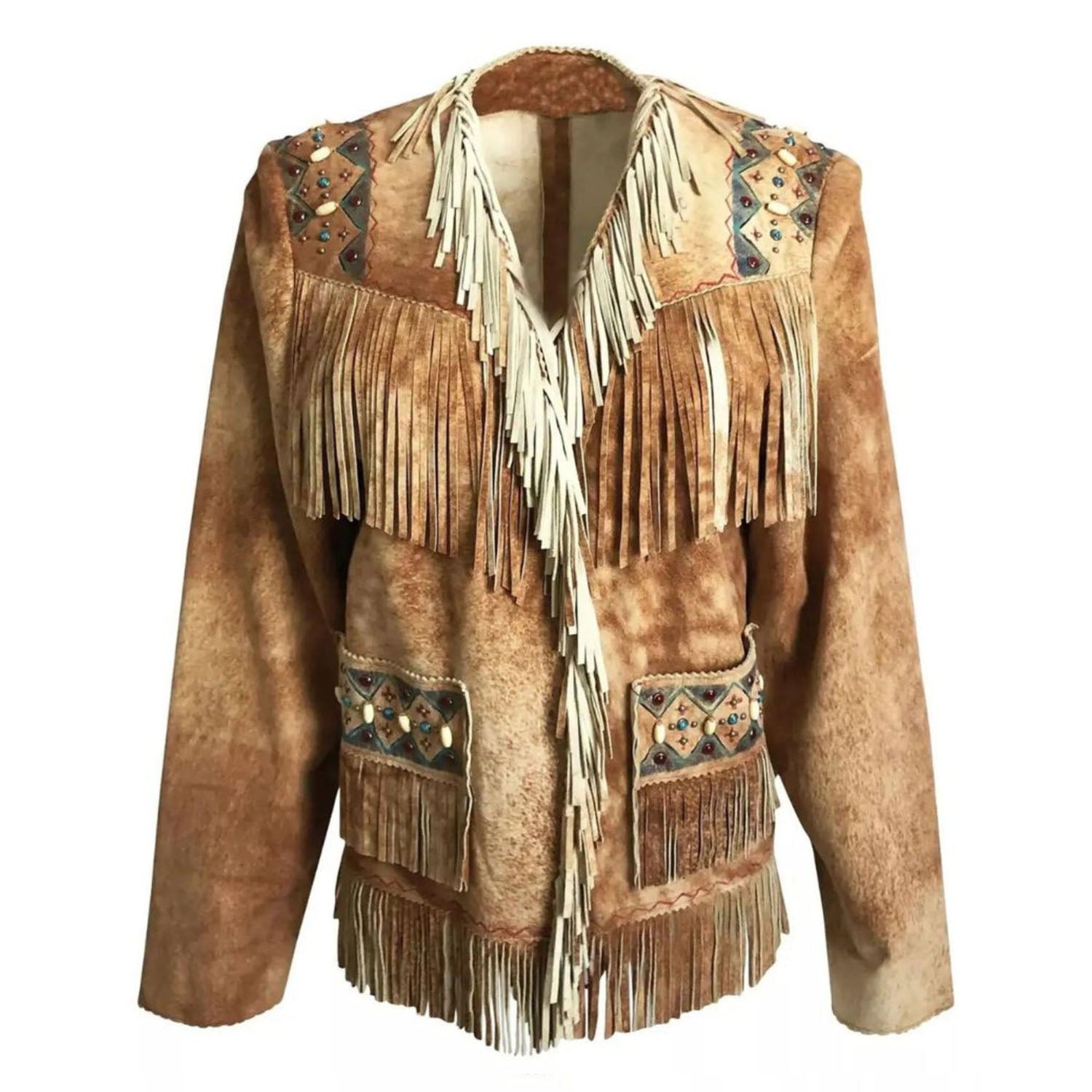 Women’s Light Brown Suede Western Jacket with Fringe & Small Beaded Work front view