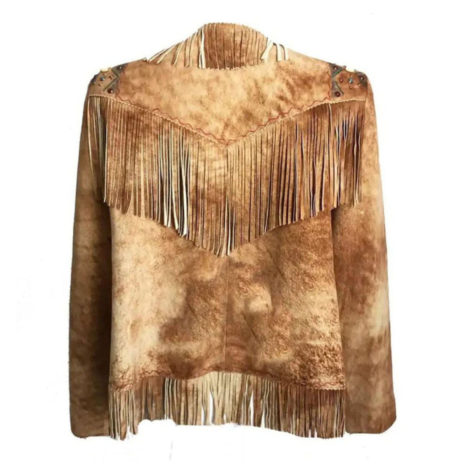 Women’s Light Brown Suede Western Jacket with Fringe & Small Beaded Work side view