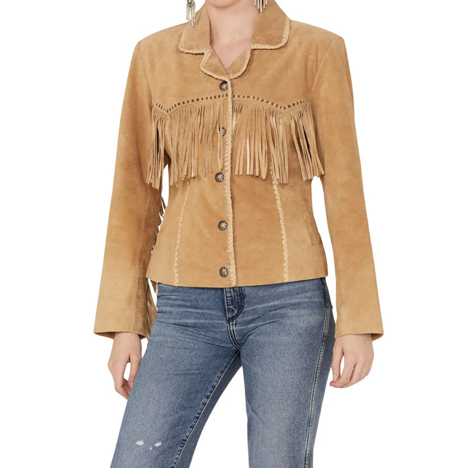 Women's Light Brown Western Leather Jacket with Fringe Work front view