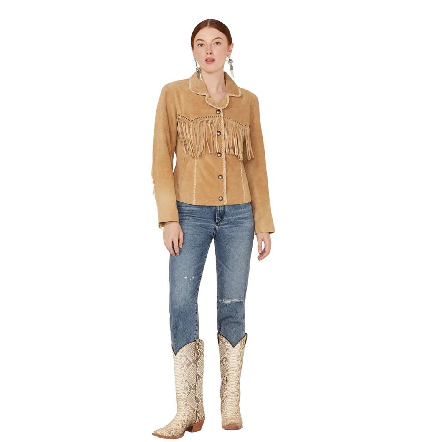 Women's Light Brown Western Leather Jacket with Fringe Work side view