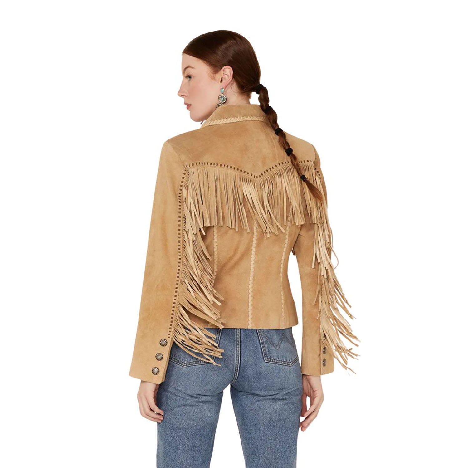 Women's Light Brown Western Leather Jacket with Fringe Work back view