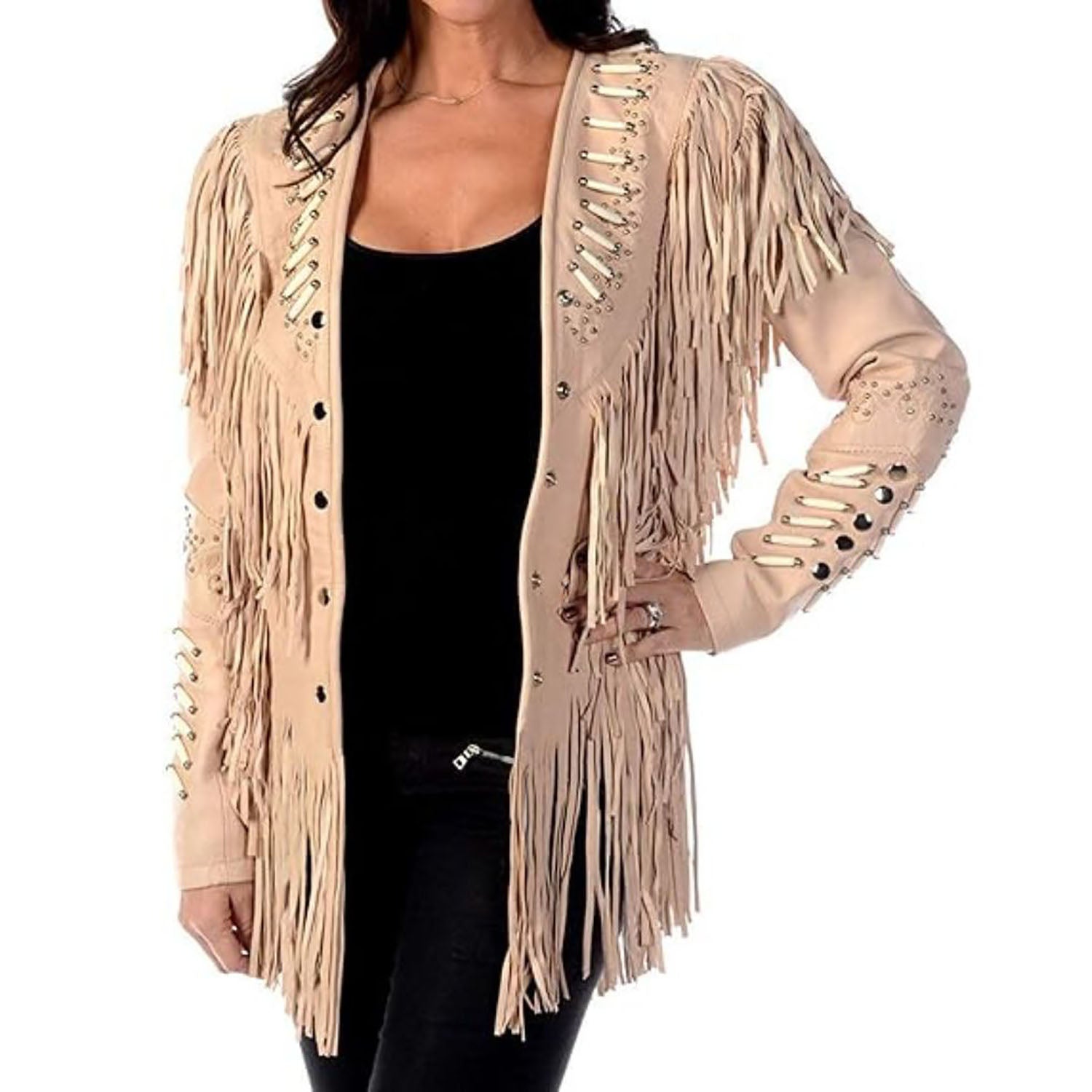 Women's Native American Western Cowhide Leather Jacket Fringe & Beaded Bone Work front view