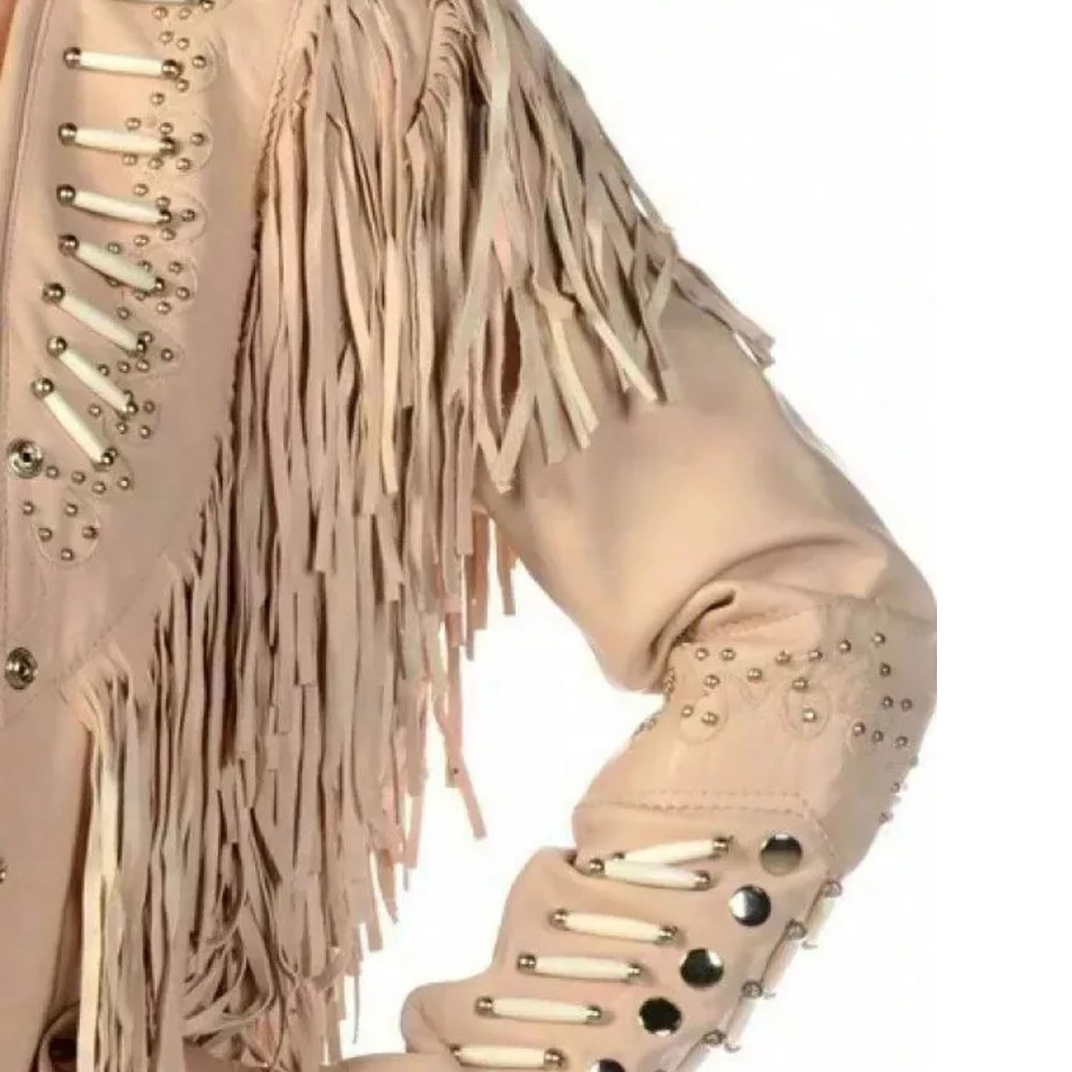 Women's Native American Western Cowhide Leather Jacket Fringe & Beaded Bone Work side view