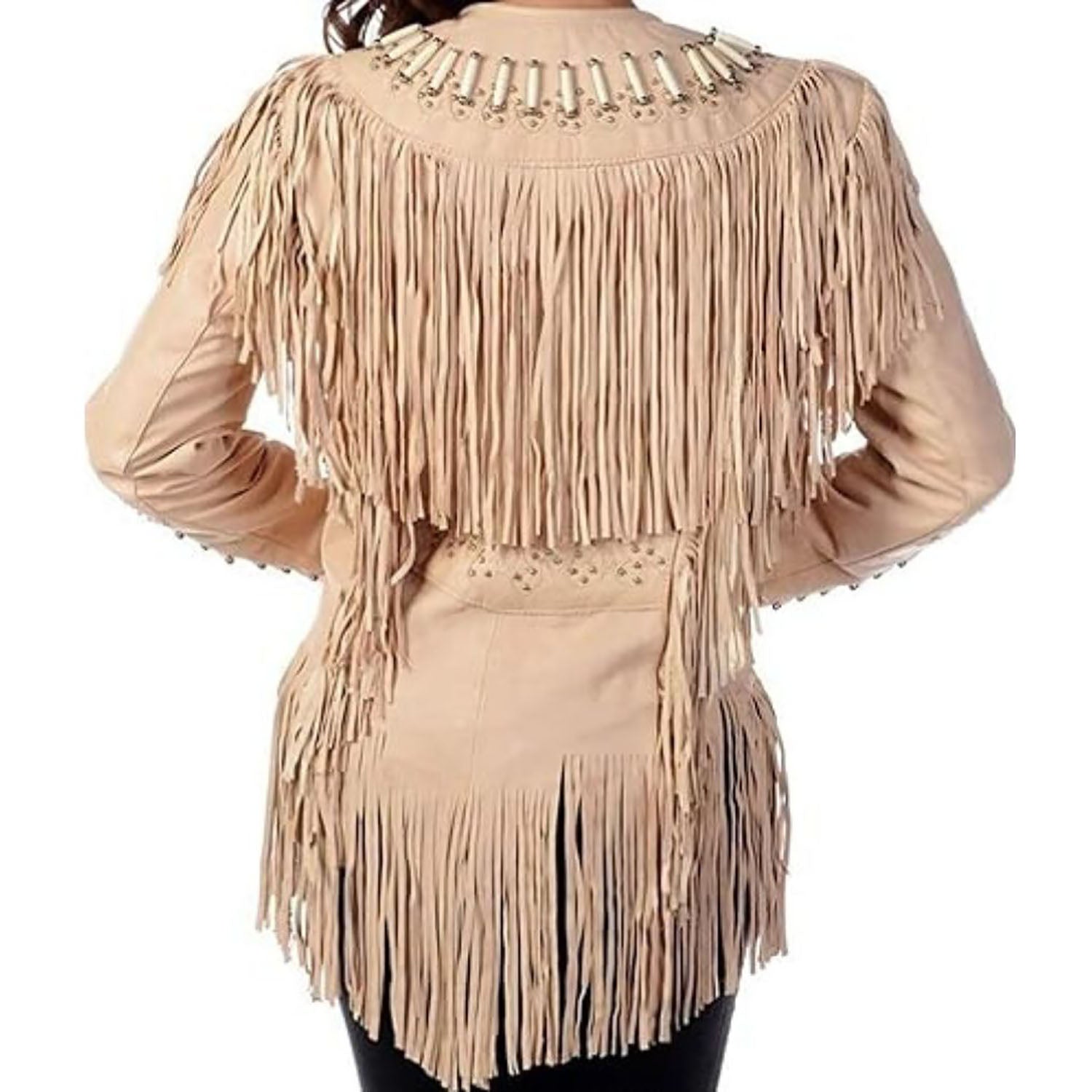 Women's Native American Western Cowhide Leather Jacket Fringe & Beaded Bone Work back view