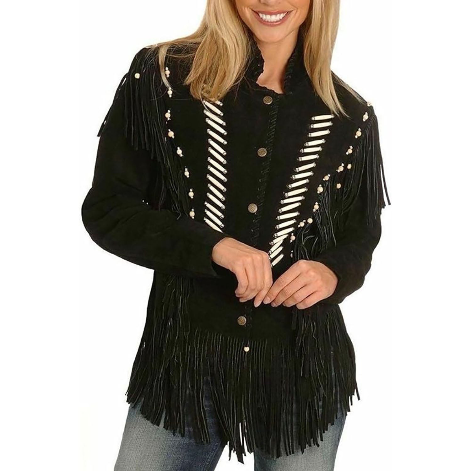 Women's Native Western American Style Suede Leather with Fringe & Bone Beaded front view