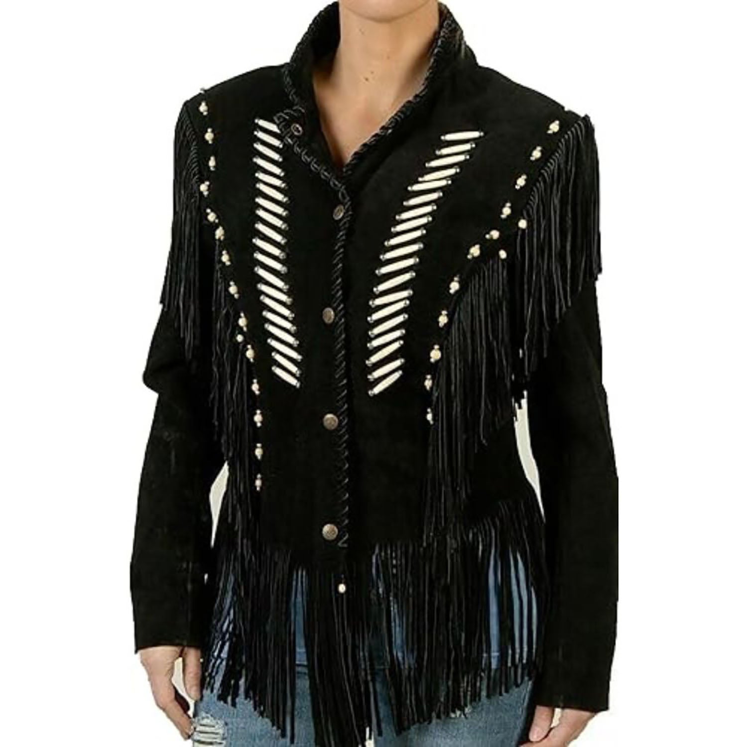 Women's Native Western American Style Suede Leather with Fringe & Bone Beaded side view